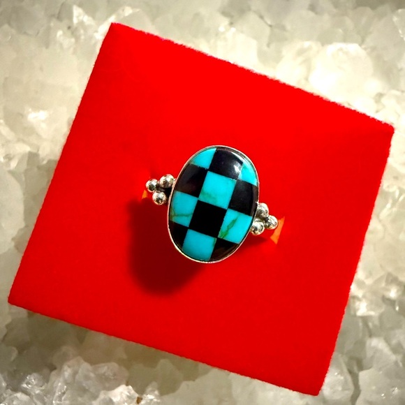 NWOT Handmade Sterling Silver Turquoise & Black Onyx Checkered Ring - Picture 1 of 4